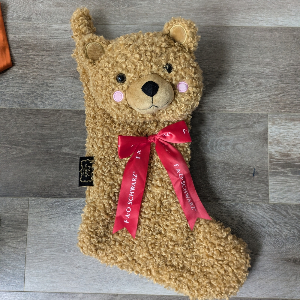 FAO Schwarz Brown Bear Stocking with Pink Accents